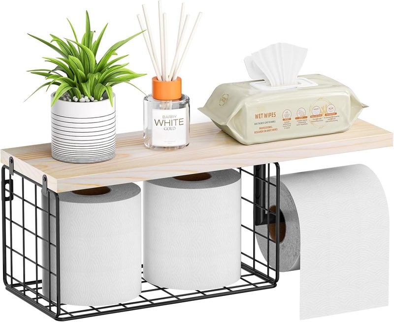 VITVITI Toilet Paper Holder with Shelf, Wall Mounted Toilet Paper Storage Basket, Wood Metal Toilet Roll and Wipes Holder for Bathroom Farmhouse (Natural) - Image 1